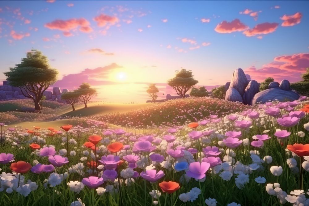 Sunset flower field landscape outdoors grassland. AI generated Image by rawpixel.