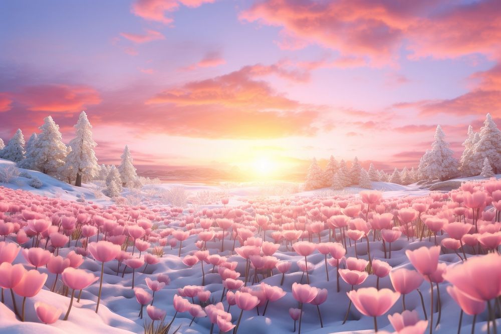 Sunset flower field landscape outdoors snow. AI generated Image by rawpixel.