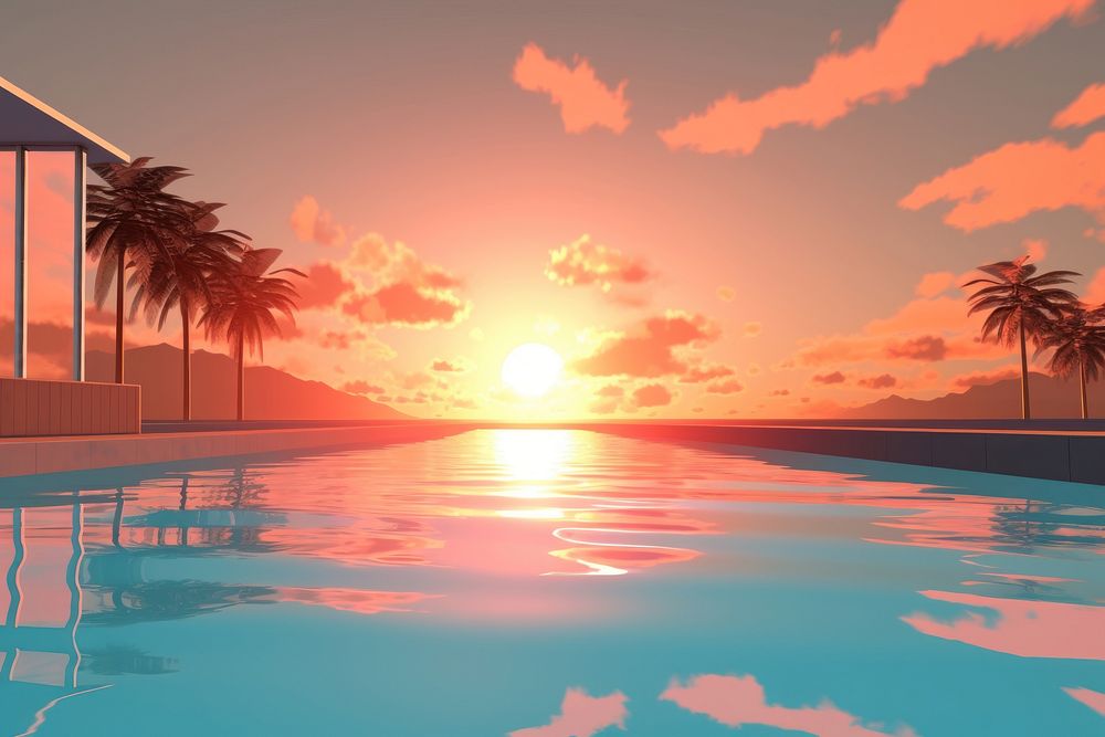 Sunset swimming pool outdoors horizon nature. 