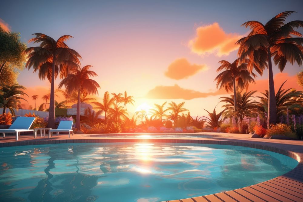 Sunset swimming pool outdoors architecture summer. AI generated Image by rawpixel.