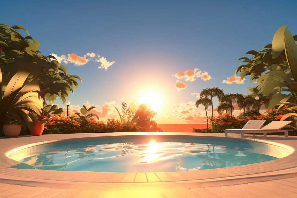 Sunset swimming pool outdoors architecture summer. AI generated Image by rawpixel.