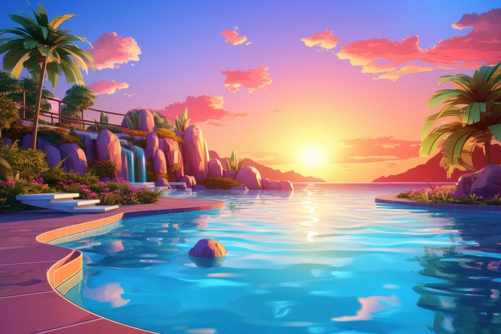 Sunset swimming pool outdoors architecture cartoon. AI generated Image by rawpixel.