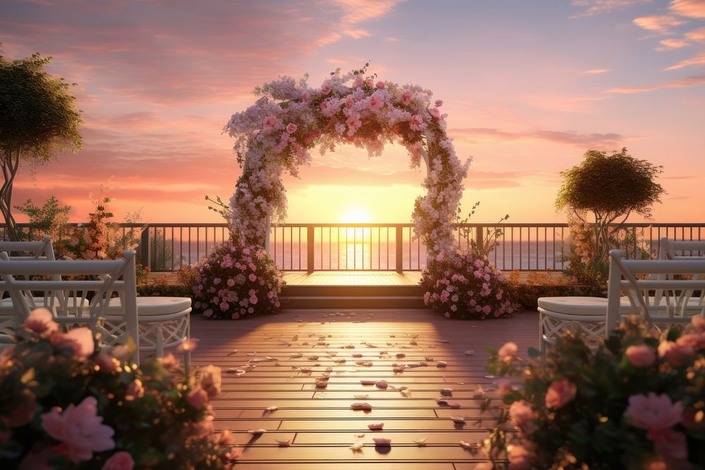 Sunset wedding outdoors architecture flower. 