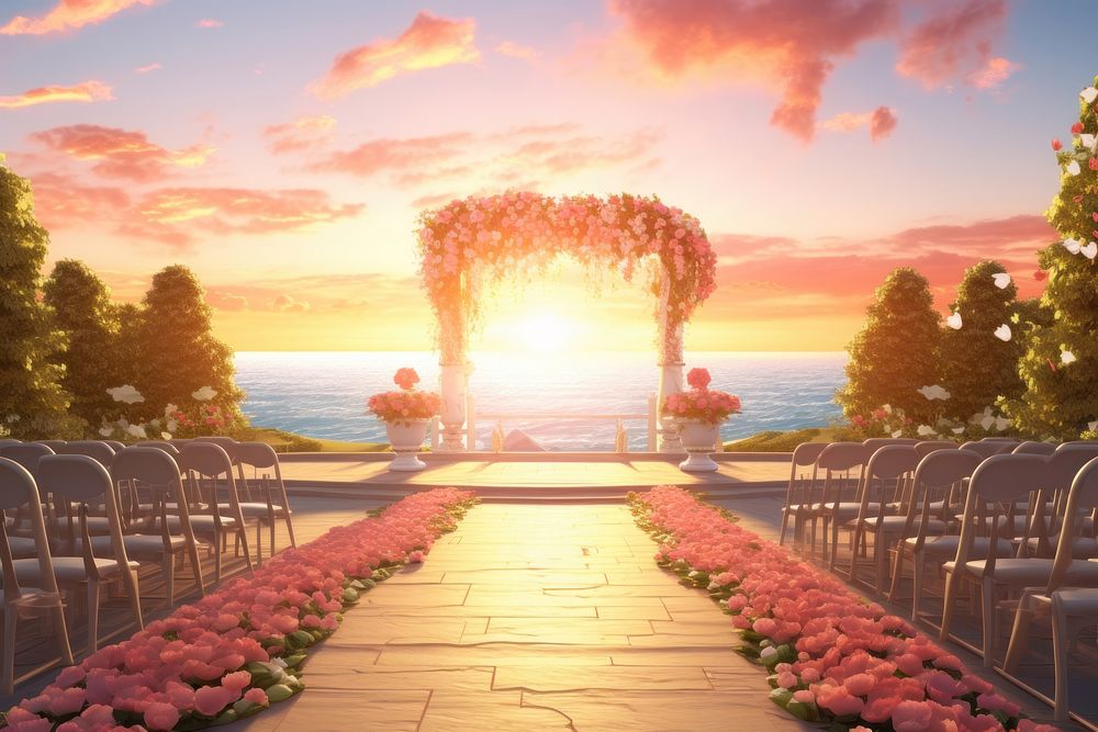 Sunset wedding outdoors landscape flower. AI generated Image by rawpixel.