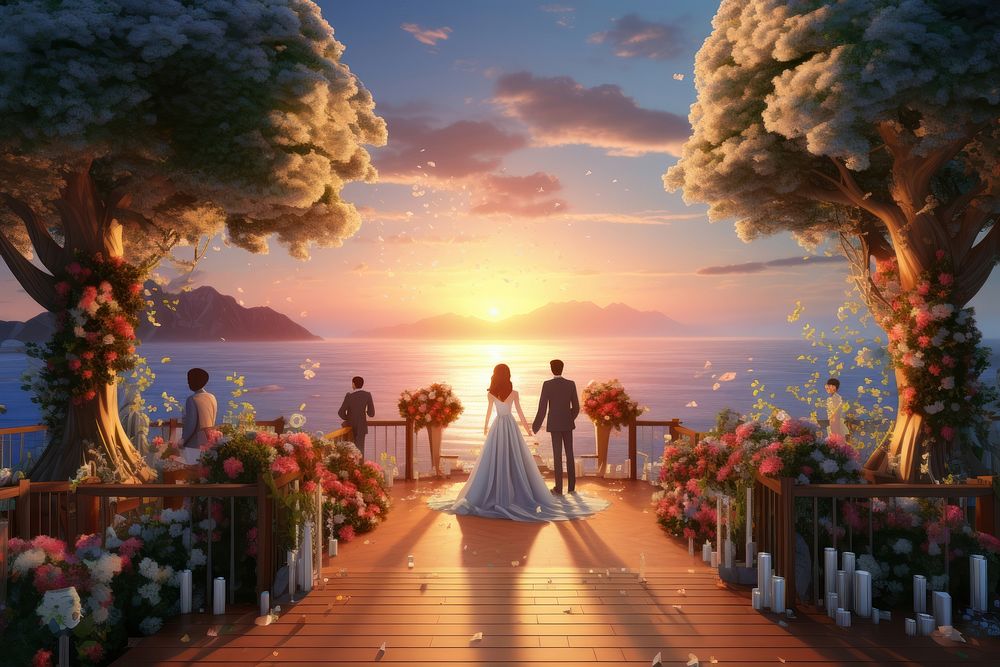 Sunset wedding outdoors landscape nature. AI generated Image by rawpixel.