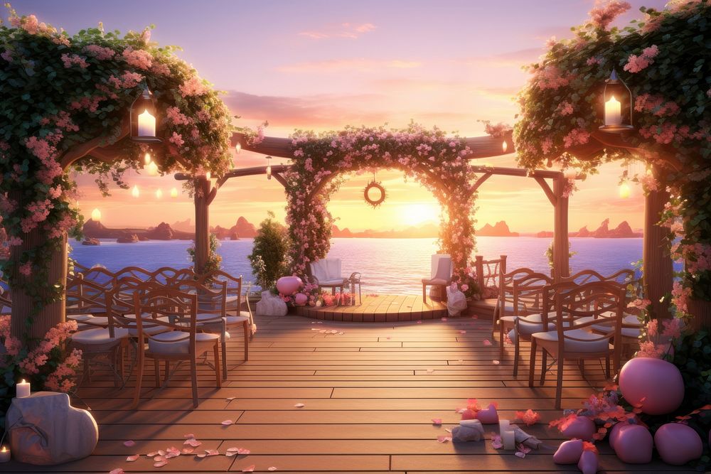 Sunset wedding outdoors architecture flower. AI generated Image by rawpixel.