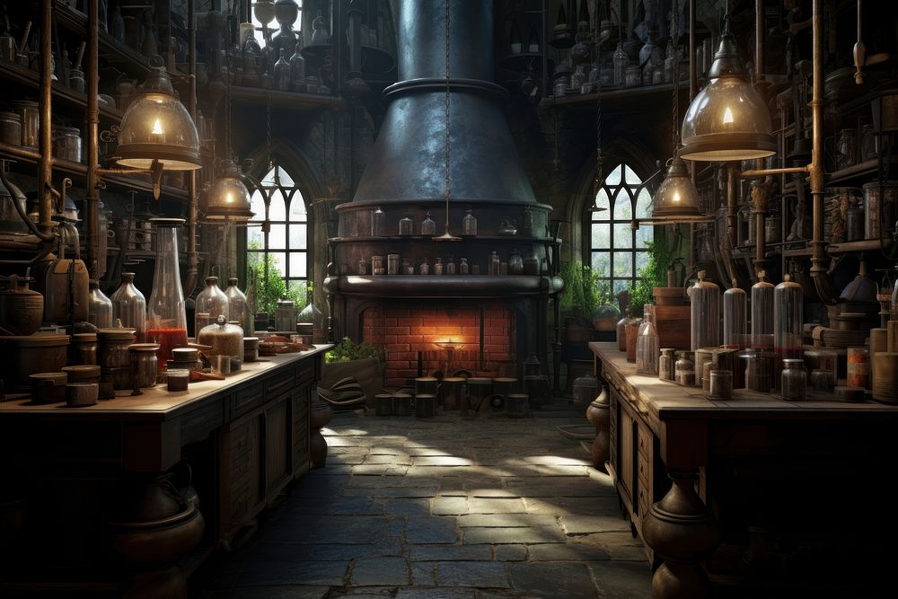 Alchemy workshop architecture fireplace building. AI generated Image by rawpixel.