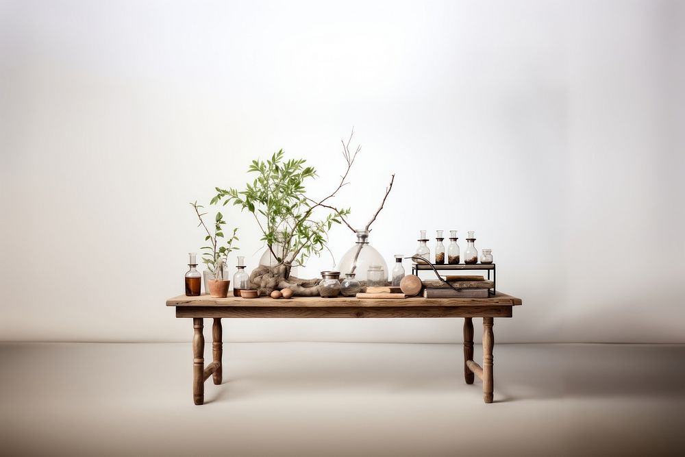 Alchemy workshop table furniture plant wood. AI generated Image by rawpixel.