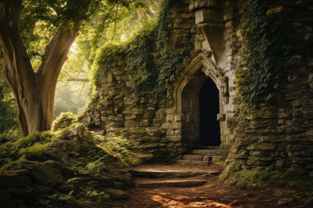 Medieval castle gate architecture outdoors woodland. 