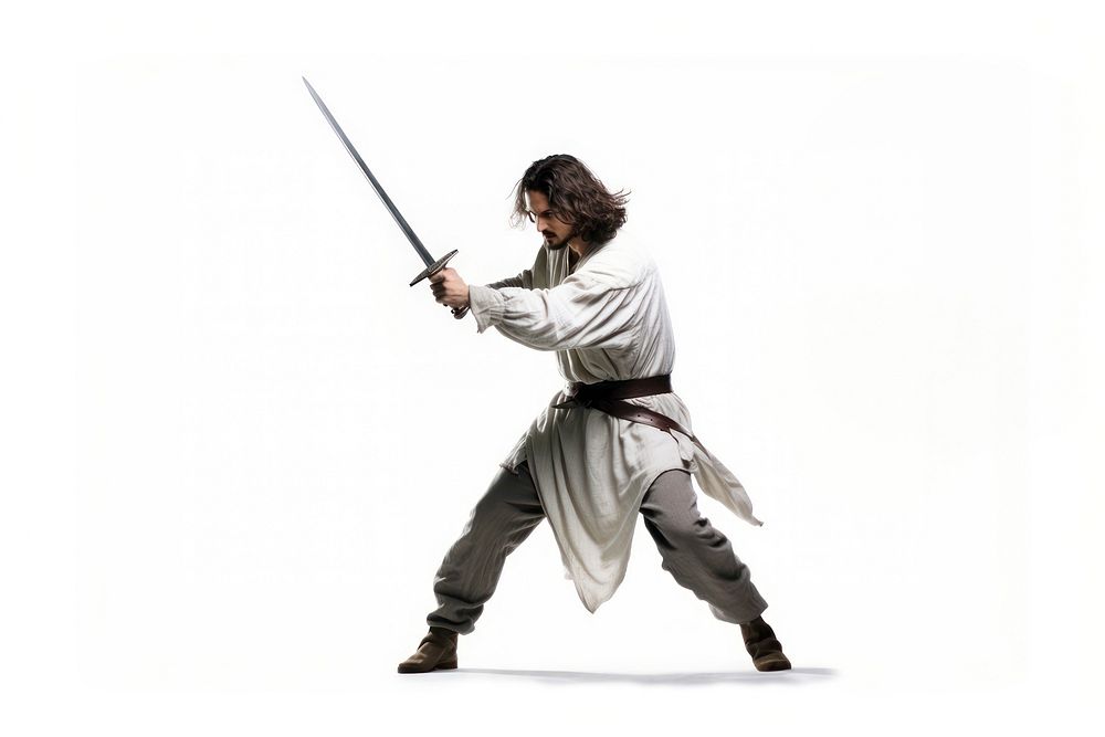 Medieval male swing a sword weapon white background swordfight. AI generated Image by rawpixel.