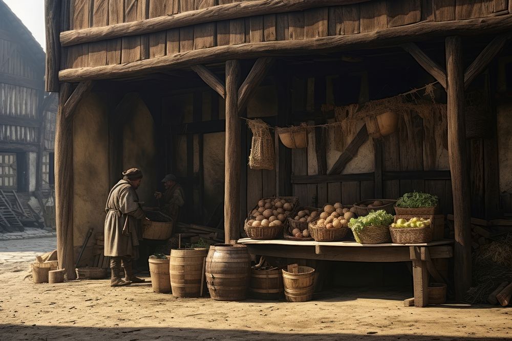 Medieval merchant market wooden. AI generated Image by rawpixel.