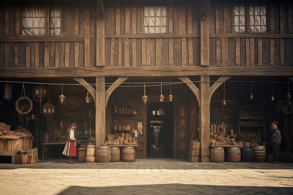 Medieval merchant market wooden. AI generated Image by rawpixel.