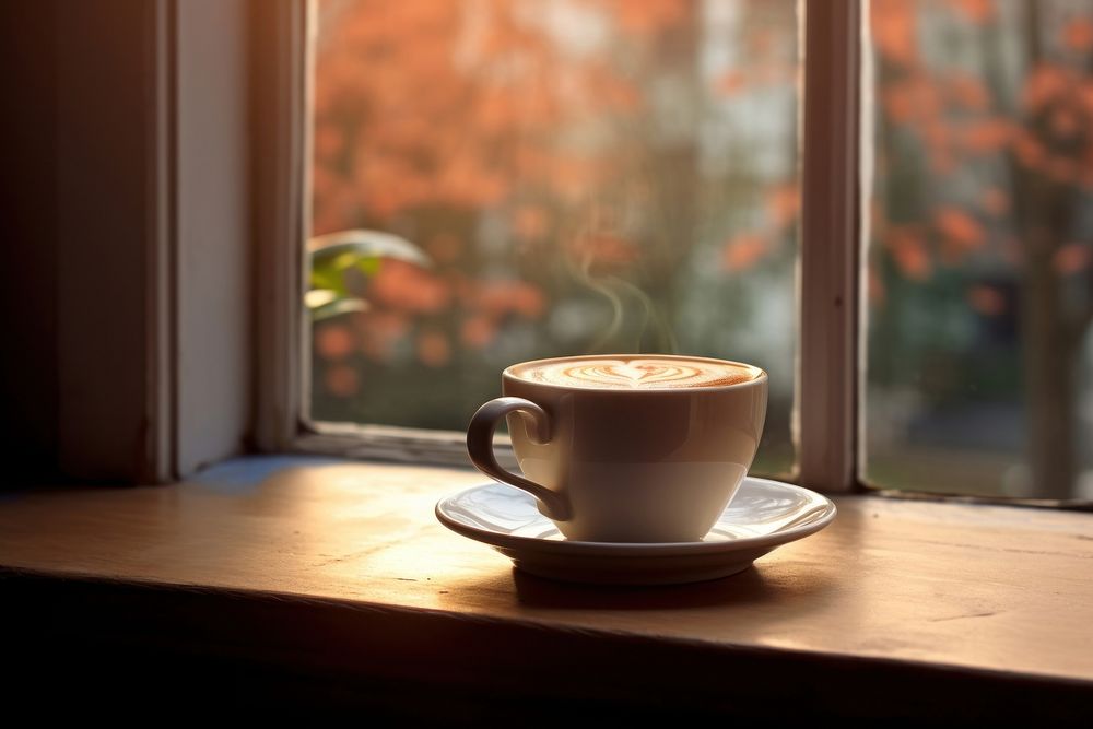 Window coffee cup wodden table. AI generated Image by rawpixel.
