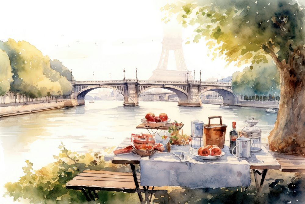 Paris Seine River picnic architecture painting outdoors. AI generated Image by rawpixel.
