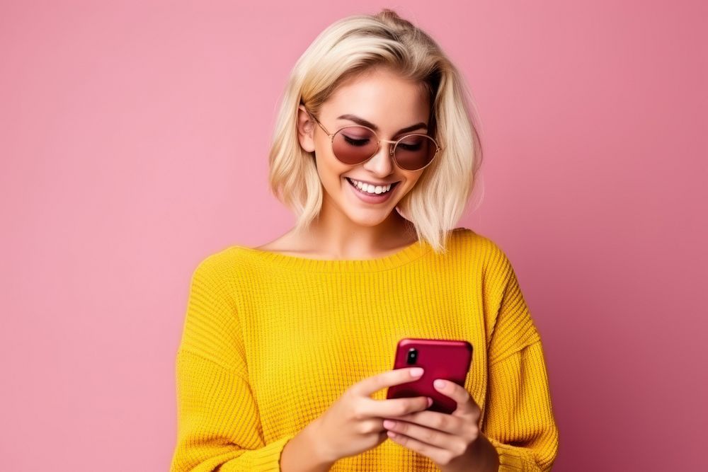 Young blonde woman laughing yellow adult. AI generated Image by rawpixel.