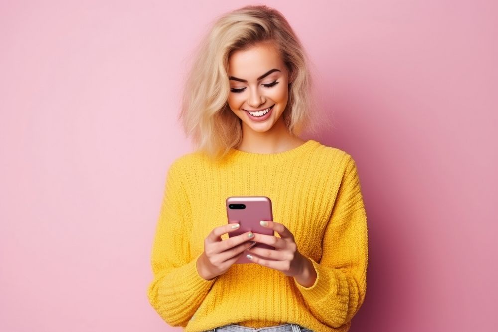 Young blonde woman sweater yellow smile. AI generated Image by rawpixel.
