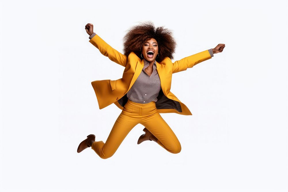 Black woman jumping shouting portrait. 
