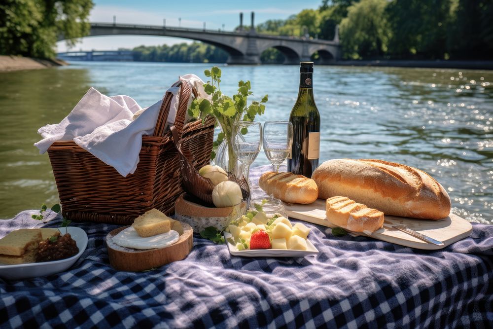 Paris Seine River picnic outdoors bread plant. AI generated Image by rawpixel.