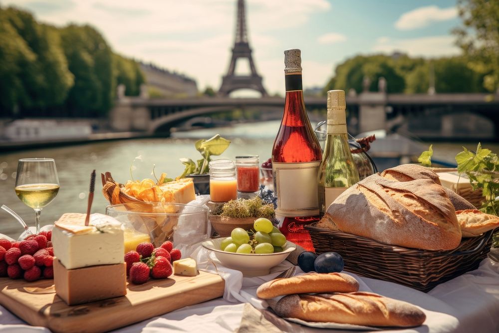 Paris Seine River picnic outdoors brunch bread. AI generated Image by rawpixel.