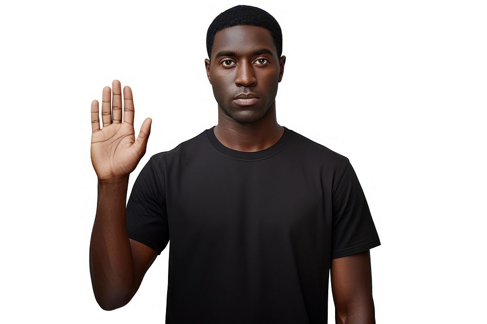 Dark skinned man t-shirt portrait serious. 