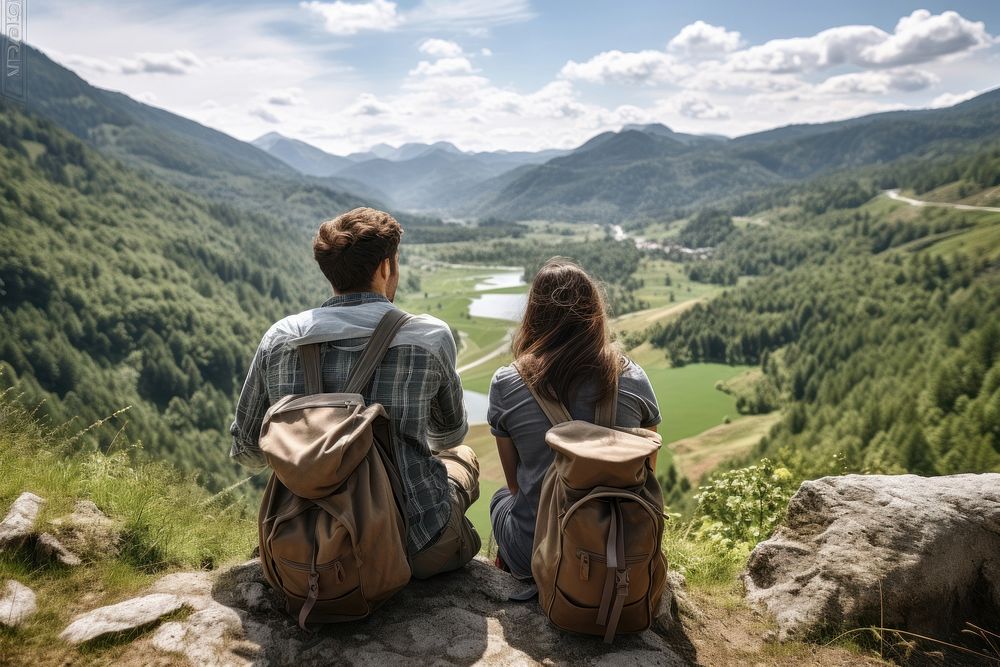 Tourist couple nature backpacking outdoors. AI generated Image by rawpixel.