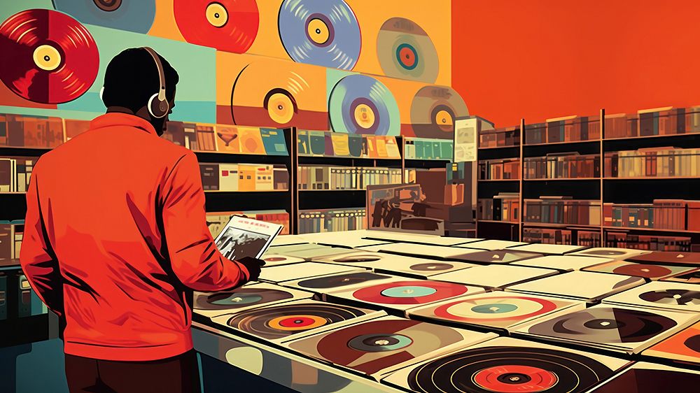 A person selecting vinyl records in a retro record store. 