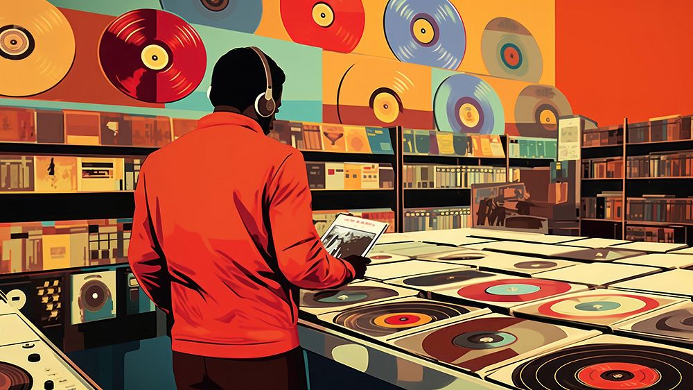 A person selecting vinyl records in a retro record store. AI generated Image by rawpixel.