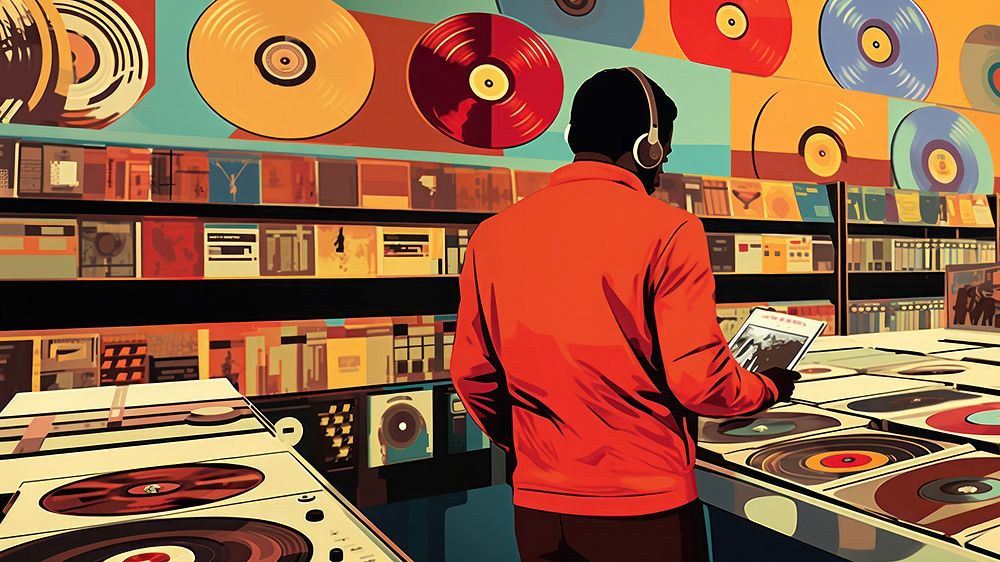 A person selecting vinyl records in a retro record store. AI generated Image by rawpixel.