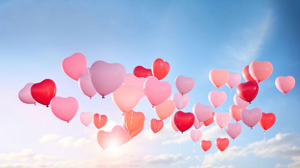 a real photo of heart-shaped balloons floating up in the air. 