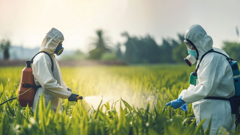 Asian farmer wear safety clothes with protective mask spraying organic pesticides. AI generated Image by rawpixel.