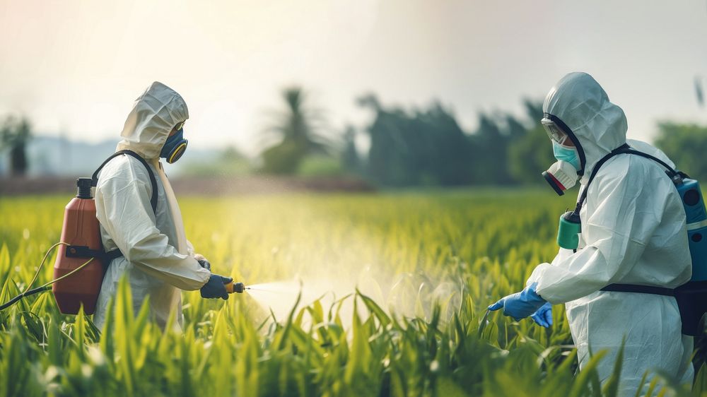 Asian farmer wear safety clothes with protective mask spraying organic pesticides. 