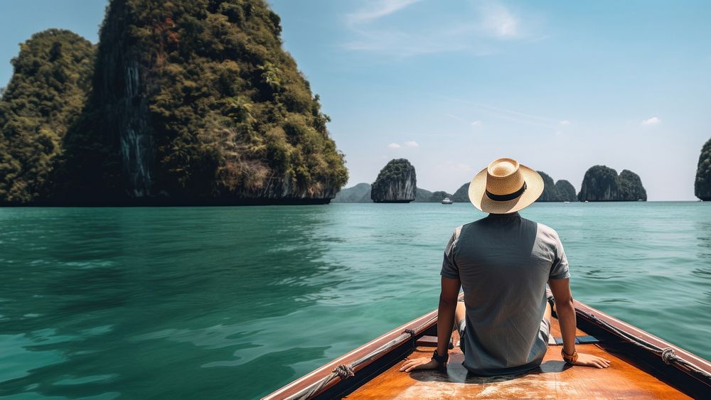 Back view photo of a man sitting in front of a boat, in Krabi in sunny day. AI generated Image by rawpixel.