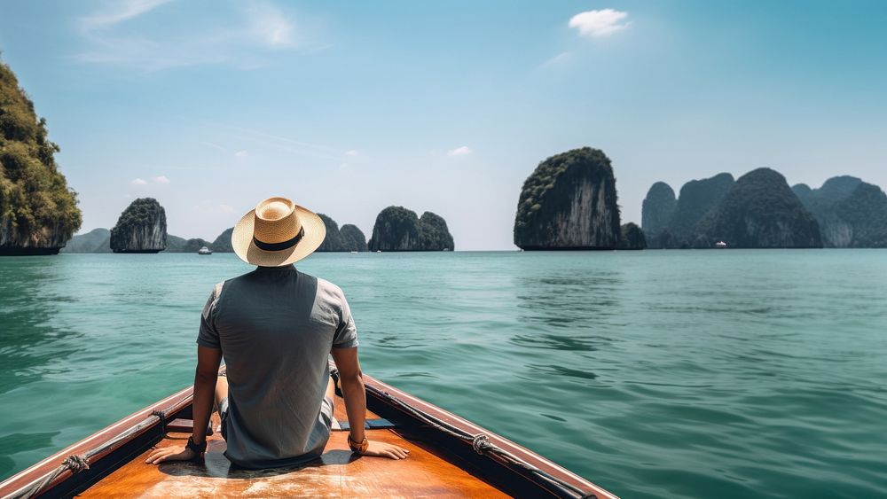 Back view photo of a man sitting in front of a boat, in Krabi in sunny day. AI generated Image by rawpixel.