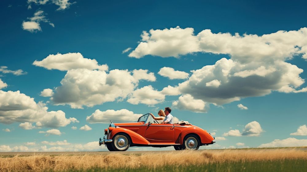 Photo of couple driving in red vintage car on countryside. AI generated Image by rawpixel.