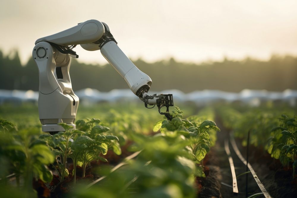 Agriculture robotic arm holding plant agriculture outdoors farm. AI generated Image by rawpixel.