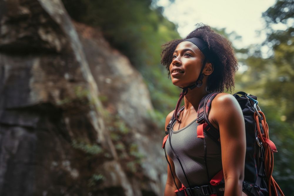 Photo of a african american female hikier go rock climbing. 