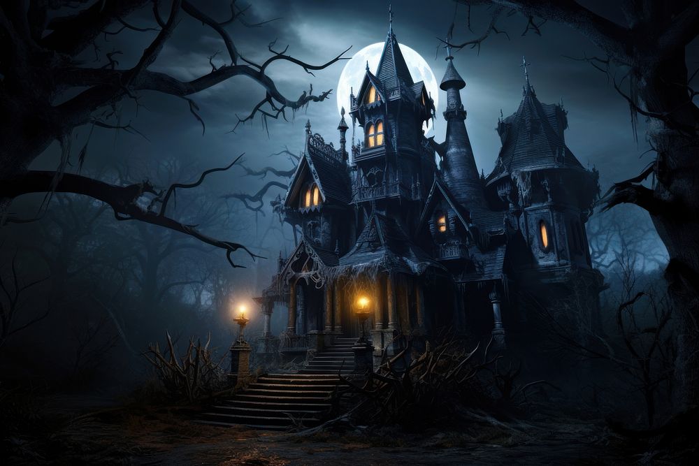 Haunted house night architecture halloween. AI generated Image by rawpixel.