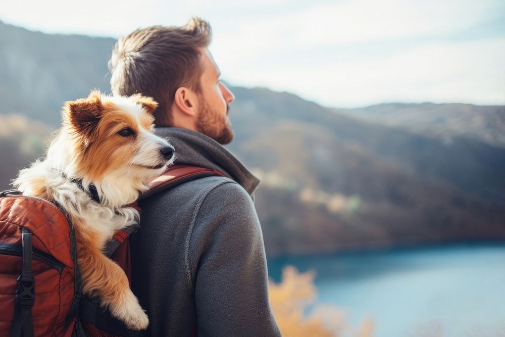 Photo of man travelling with his dog in a backpack. 