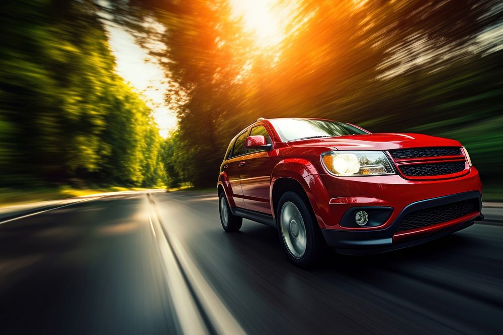 photo of red suv car in motion. 