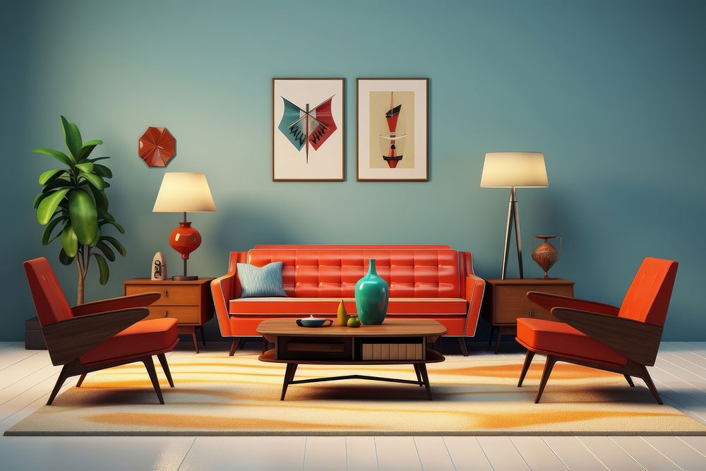 Mid century modern living room architecture furniture chair. AI generated Image by rawpixel.