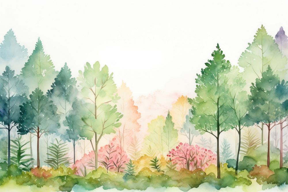 Watercolor forest scene backdrop backgrounds landscape outdoors. AI generated Image by rawpixel.