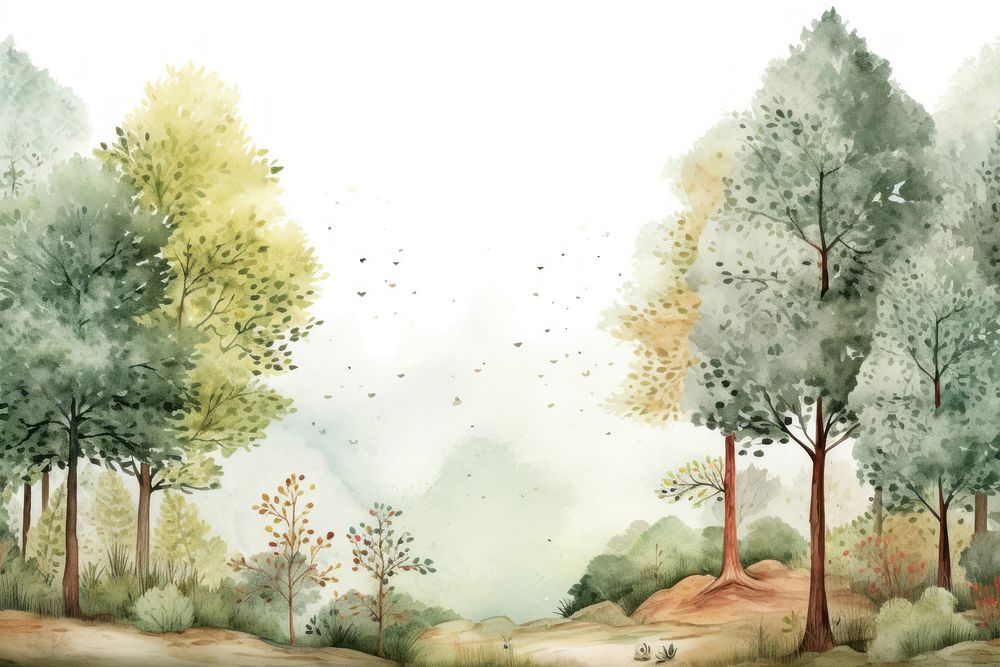 Watercolor forest scene backdrop landscape outdoors nature. AI generated Image by rawpixel.