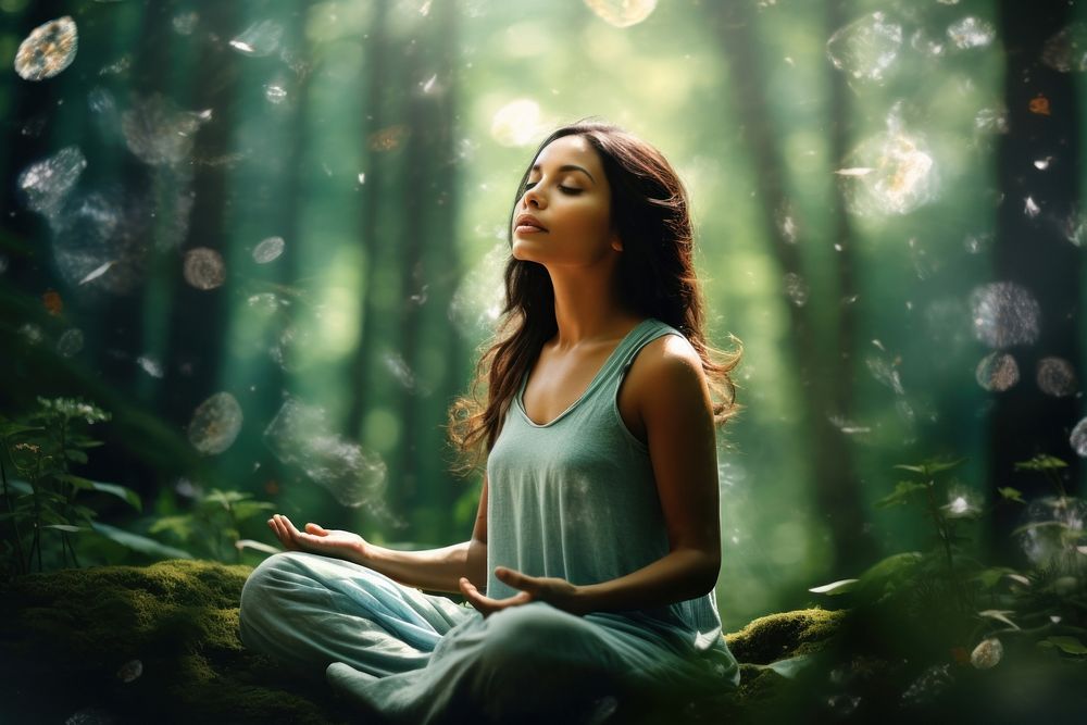 Spiritual awakening meditating sitting forest. AI generated Image by rawpixel.