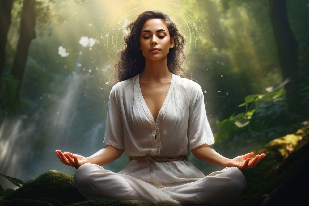 Spiritual awakening meditating forest adult. AI generated Image by rawpixel.