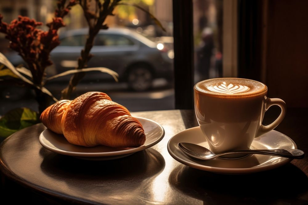 Coffee cup croissant drink. 