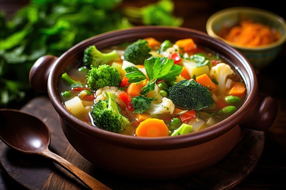 Healthy vegetarian meal spoon food soup. AI generated Image by rawpixel.