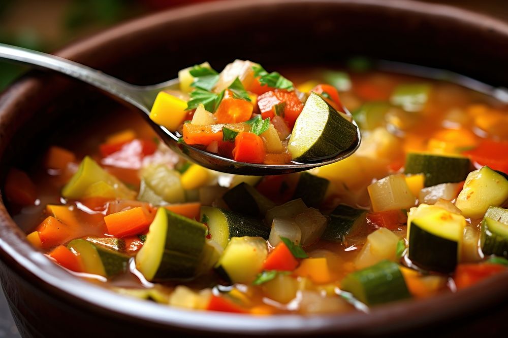 Healthy vegetarian meal spoon soup food. 