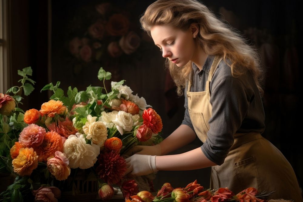 A woman preparing flower bouquet adult plant concentration. AI generated Image by rawpixel.