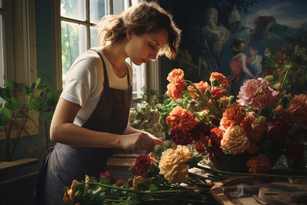A woman preparing flower bouquet adult plant concentration. AI generated Image by rawpixel.