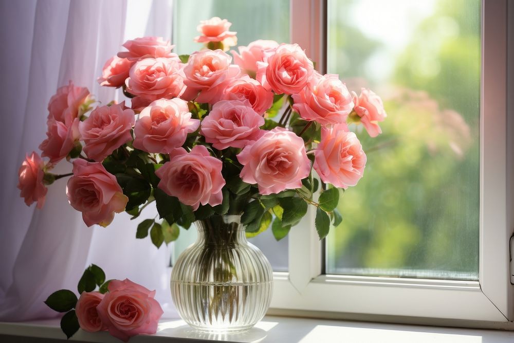 Blooming roses window windowsill flower. AI generated Image by rawpixel.